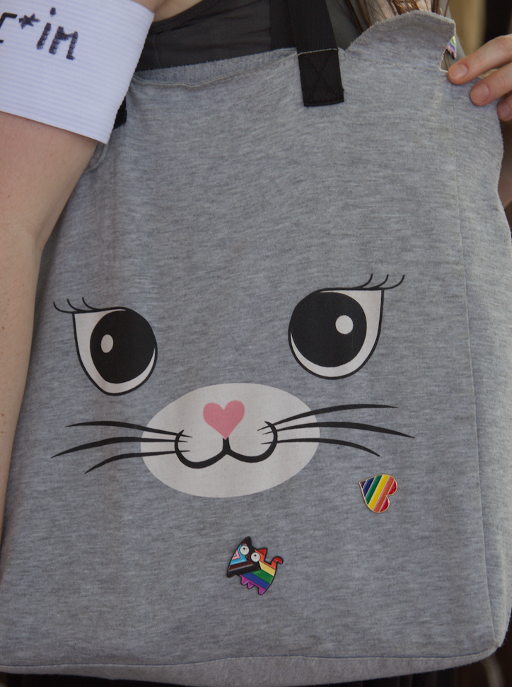 Grey bag with a cat face and cat ears. Two rainboy/pride flag pins are on it.
